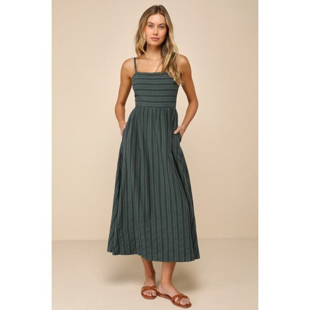 Lulus Feeling The Best Green Striped Tie-back Midi Dress With Pockets - Size XS